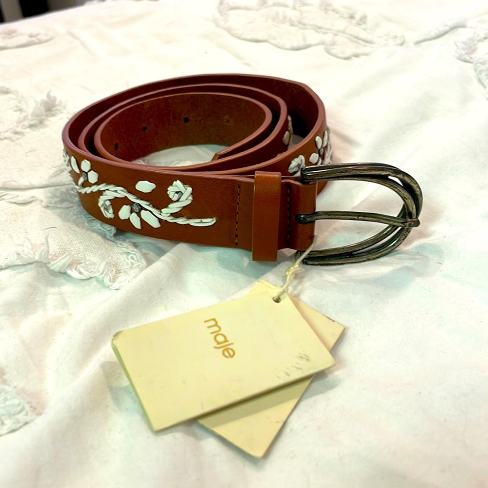 Maje Camel belt with white embroidery